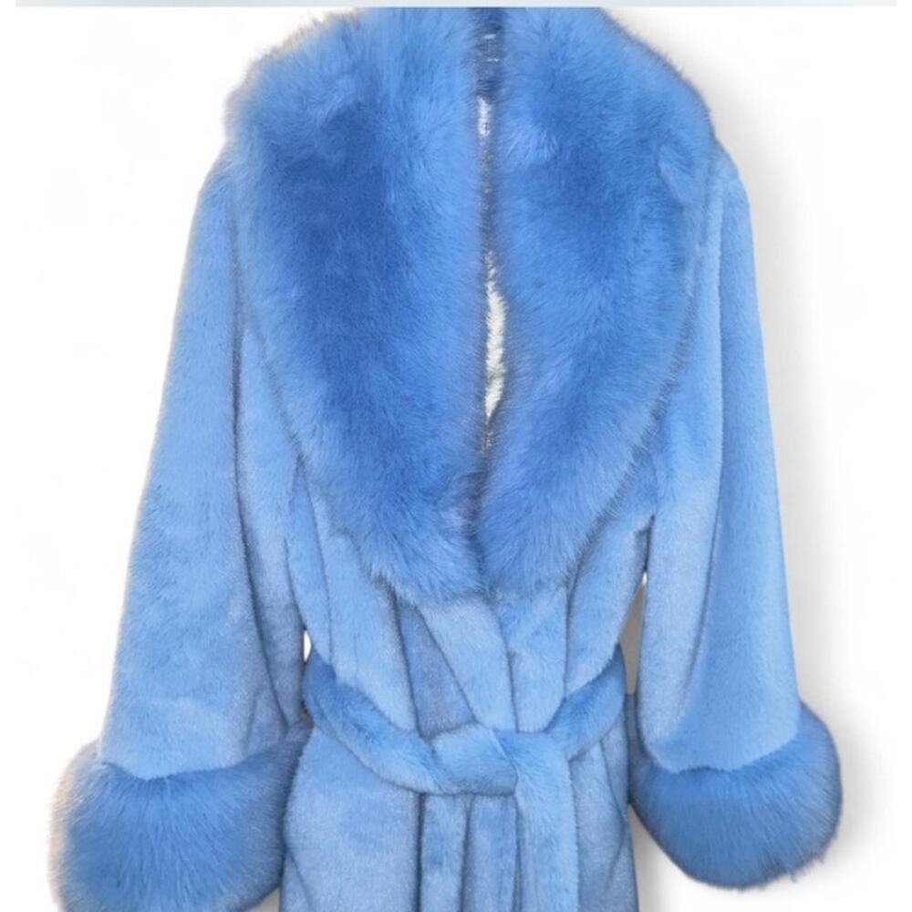 Gorg Lala Parker Blue Diamond Luxe Blue Faux Fur Long Coat Rhinestone Clasps XXL - Picture 2 of 6